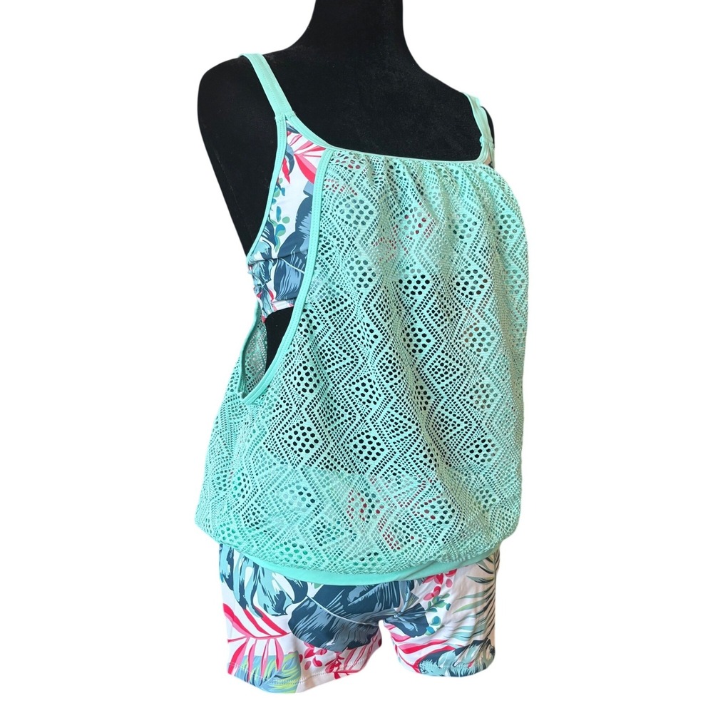 Women's Tankini Swim Set Size S Mint Green Tropical Palm Crochet Boy Shorts NWOT - Picture 2 of 10